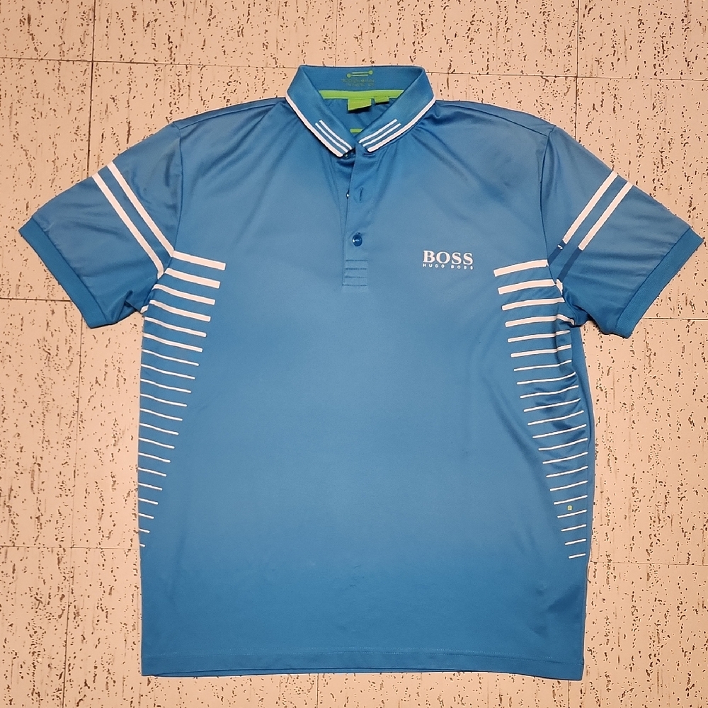 Hugo Boss Blue & White Spellout Modern Fit 1/4 Button Down Polo Shirt